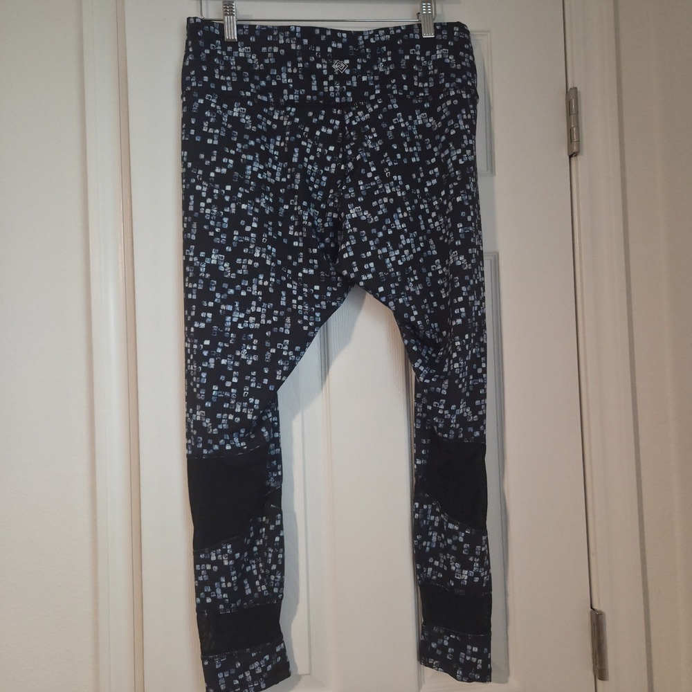 Zelos Leggings L Blue Black Pixel Geometric Print Mesh Panels Active Yoga/Gym